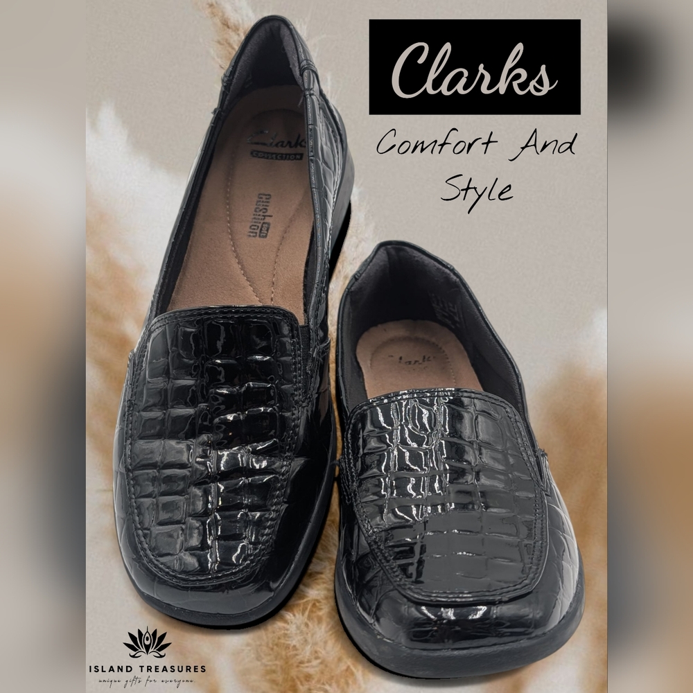 Clarks Collection Womens Sz US 8M Black Patent Croc Print Flats Slip-On Loafers